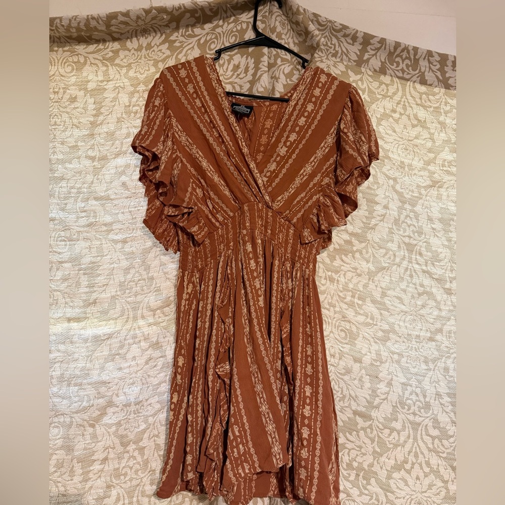 Women's Rust Floral Wrap Dress with Ruffle Sleeves Size L